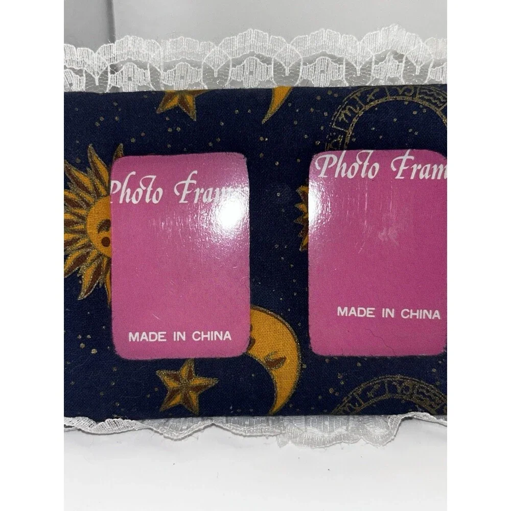 Vintage Celestial Sun Moon Stars Double Photo Frame Lace Trim Cottagecore Boho
